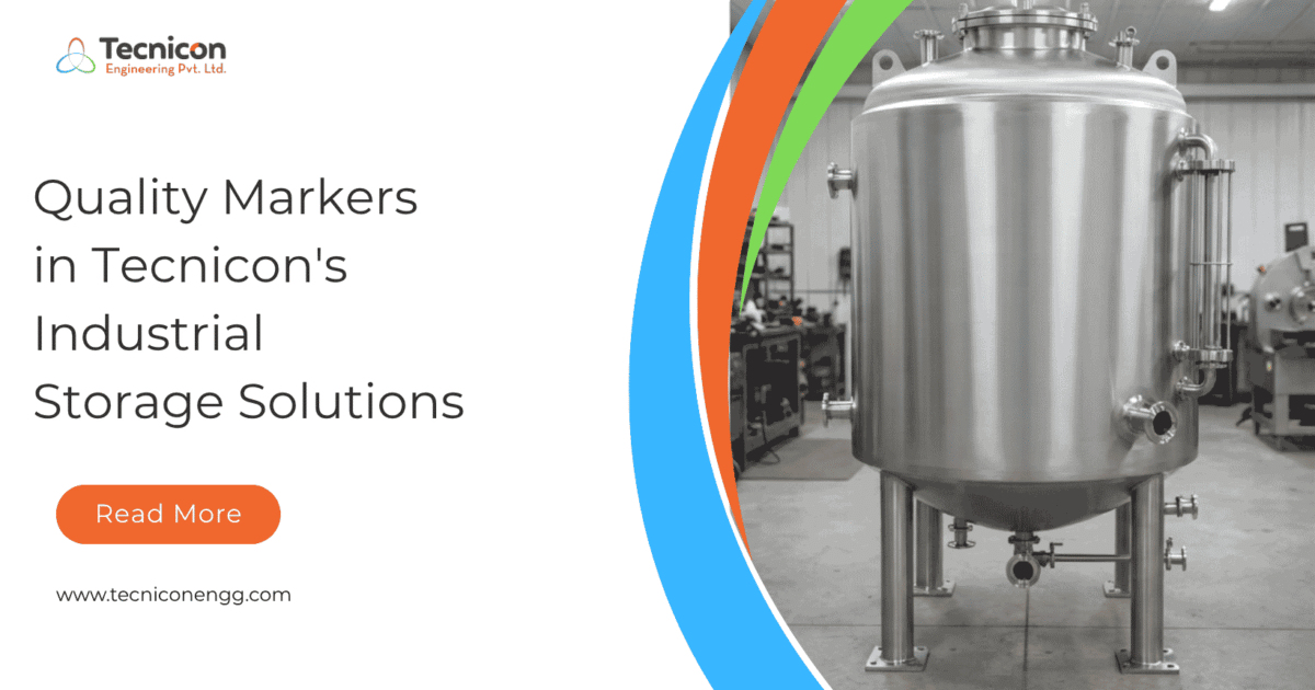 Industrial stainless steel storage tank by Tecnicon Engineering showcasing quality industrial storage solutions for chemical, pharmaceutical, and food processing applications.