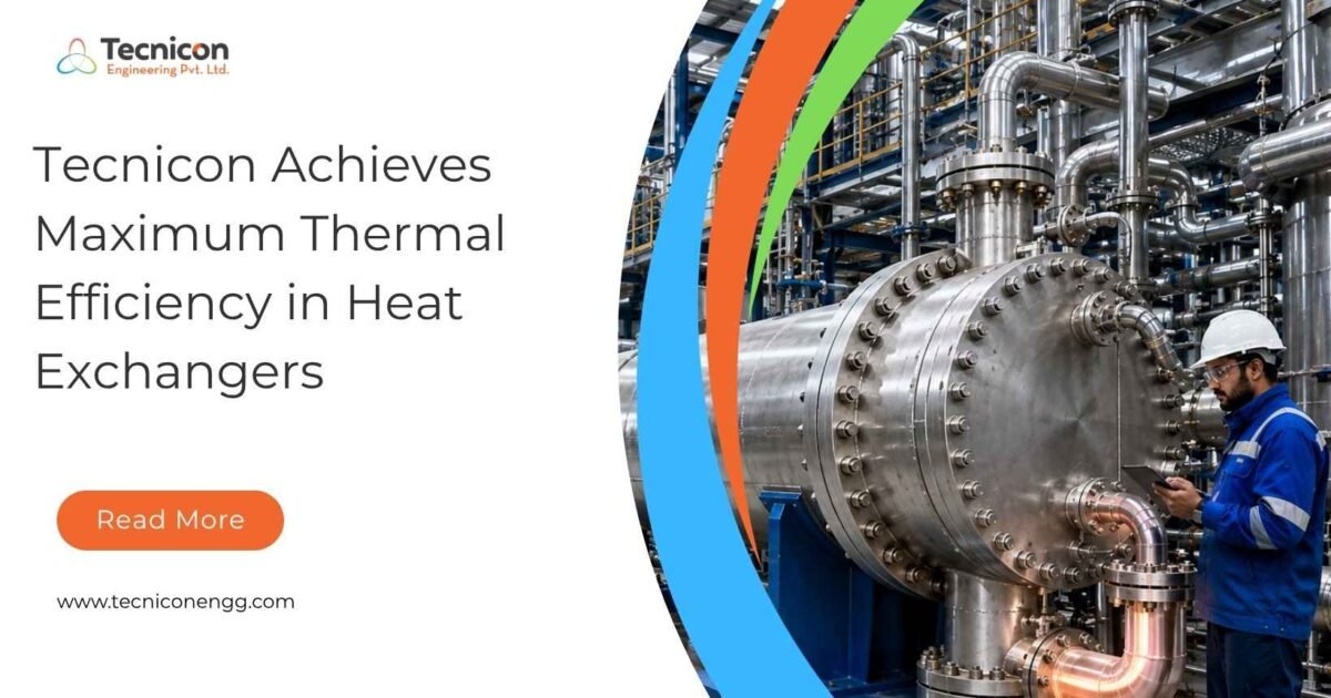 Tecnicon stainless steel shell and tube heat exchanger bundle showing precise baffle spacing and tube arrangement in an Ahmedabad manufacturing plant.