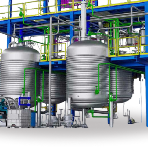 Industrial resin plant with reactor vessels, process piping and modular skid system for chemical production